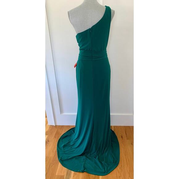 MacDuggal Ieena One Shoulder Jersey Gown in Green Size 8 Maxi Sheath Belted - Picture 3 of 9